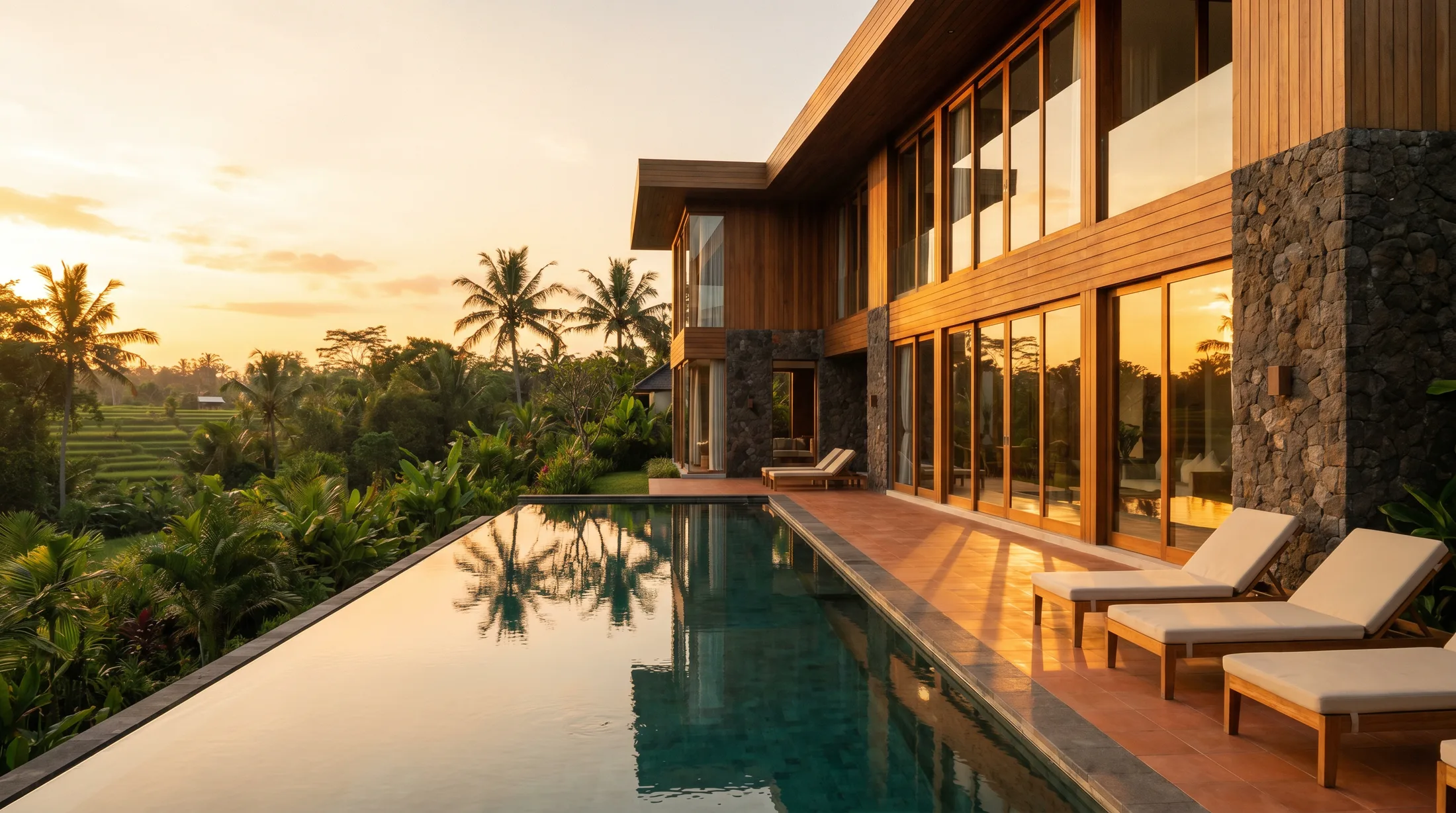 Villa Tasvan à Bali au coucher du soleil, piscine à débordement
